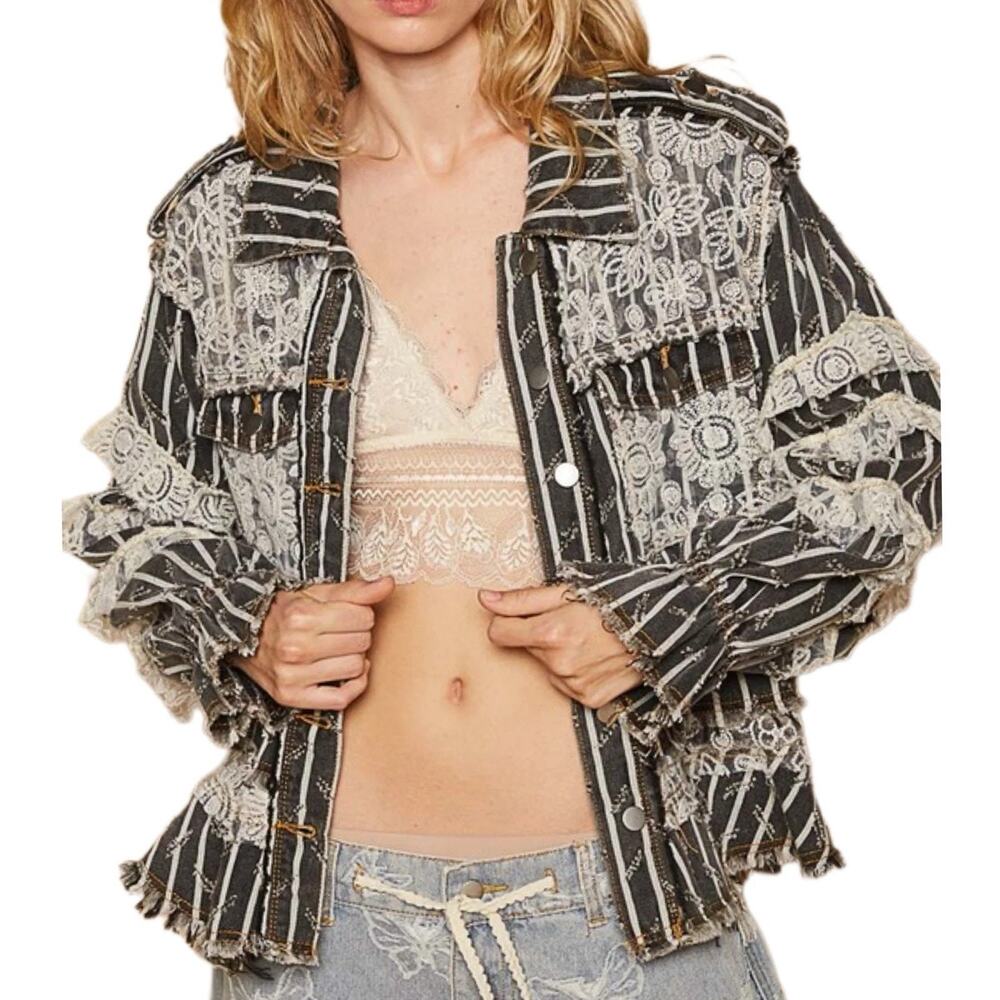 POL Blue White Lace Striped Frayed Short JackeT L READ DESCRIPTION